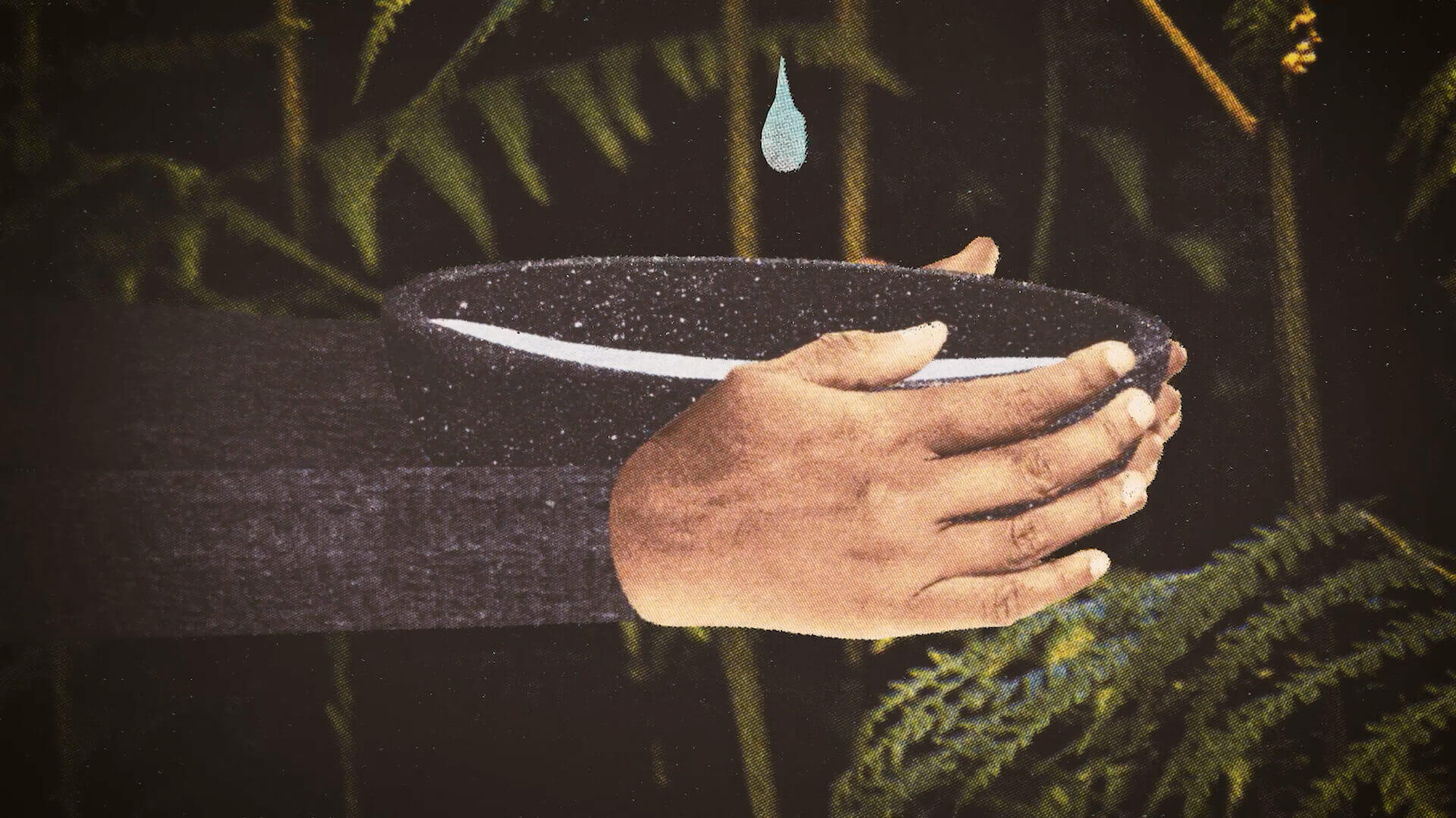 Illustrazione artigianale con mani che raccolgono l'acqua in una ciotola circondata dalla vegetazione.
