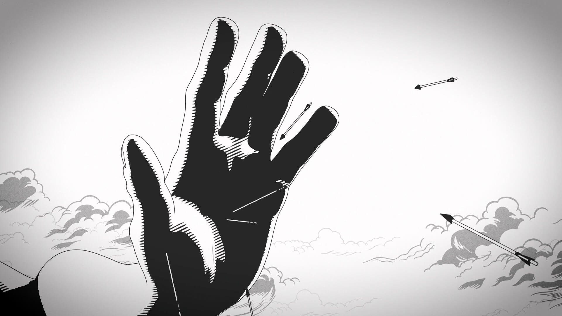 Illustrazione in bianco e nero in stile grafico, con una mano gigante e frecce che spuntano tra le nuvole.