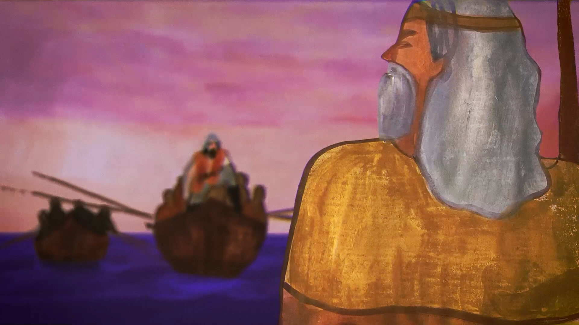 Illustrazione digitale in stile pittorico dai toni caldi, raffigurante un uomo davanti al mare con le barche.