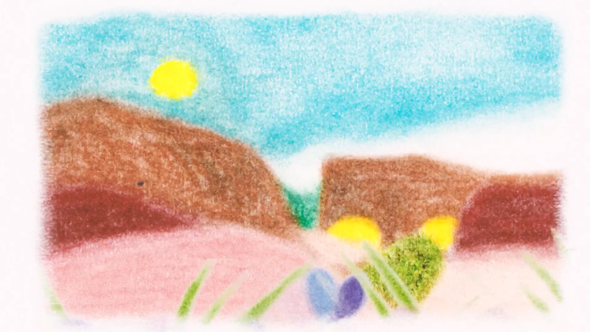 Illustrazione in stile pastello, con una parete spaccata da una crepa che si erge nel paesaggio.