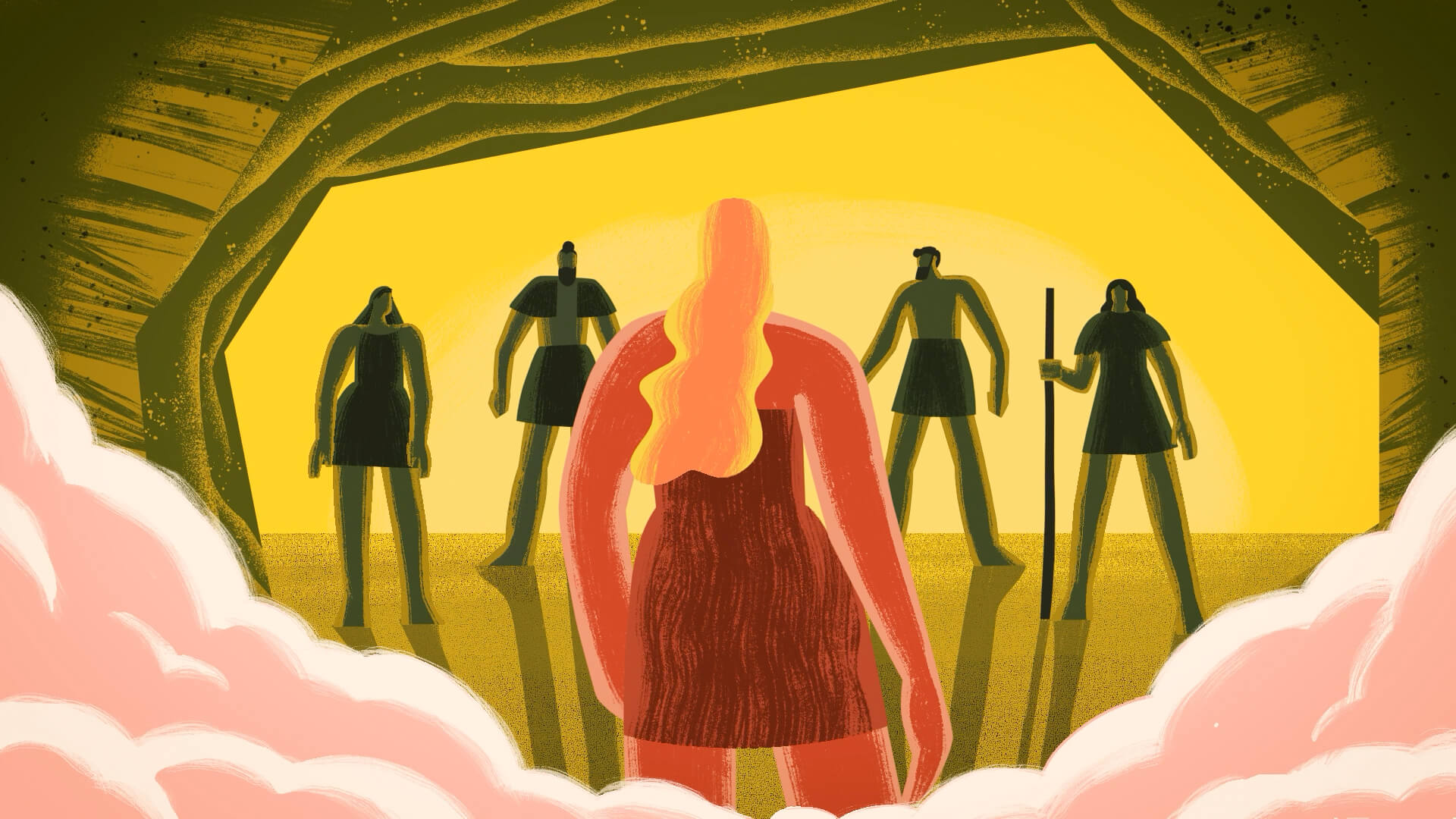 Illustrazione in stile grafico di una grotta, con figure umane davanti alla principessa avvolta dal fumo.