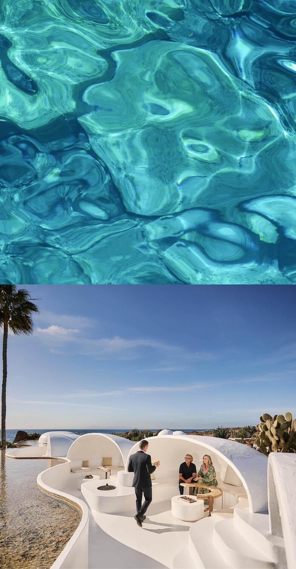 Spazio di design organico in riva al mare, con architettura bianca, arredi curvi e tavolini bassi, dove si serve un drink in un ambiente esclusivo circondato da cactus.