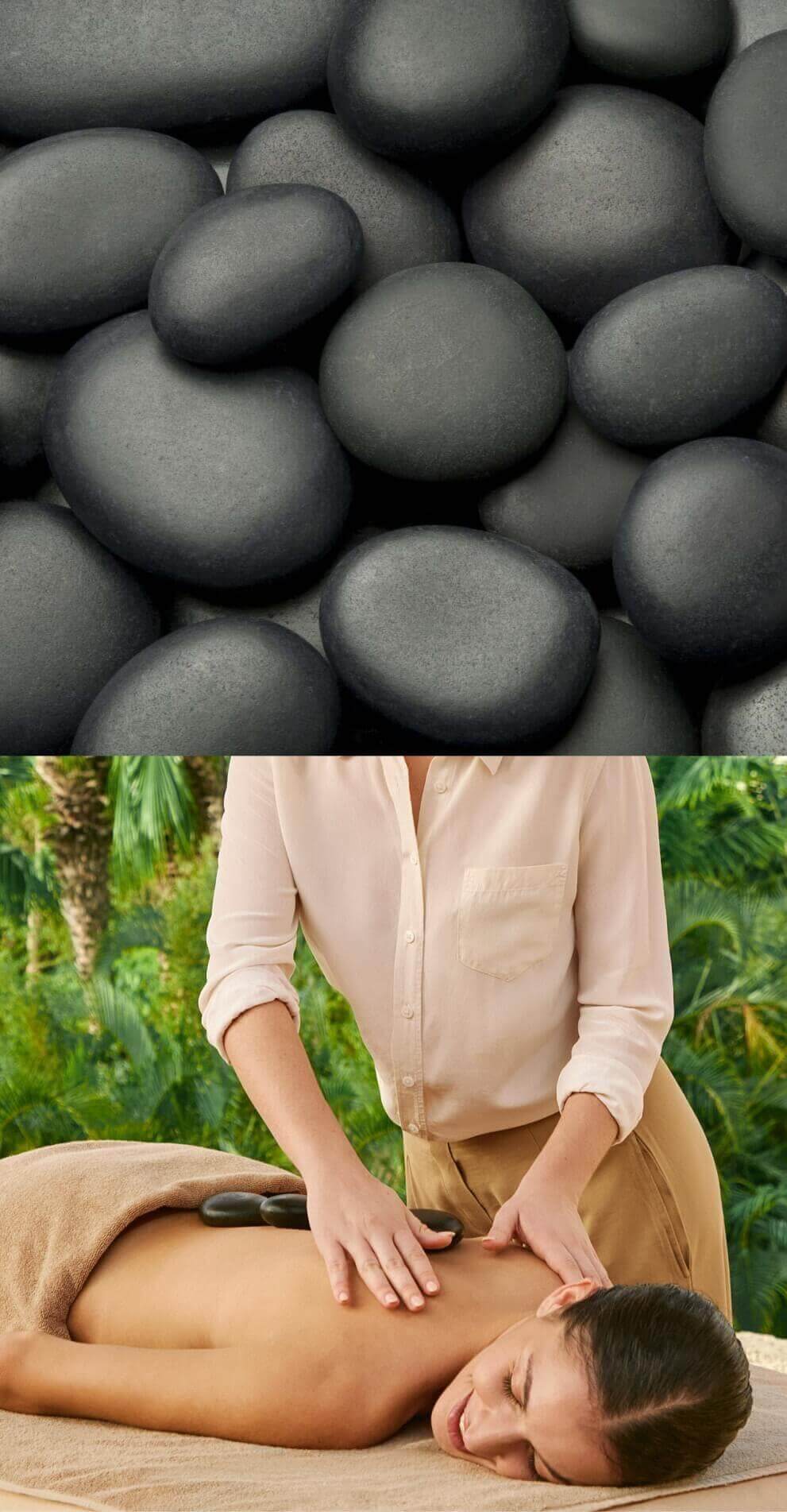 Massaggio con pietre calde all'aperto, circondato da palme, incentrato sul benessere e il rilassamento naturale.